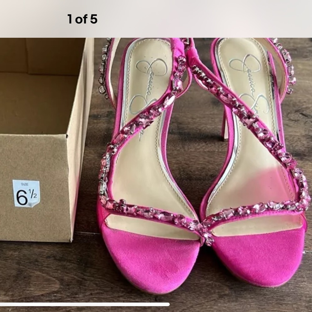 6.5 Jessica Simpson Calypso Pink Strappy Heels Embellished Rhinestones EUC